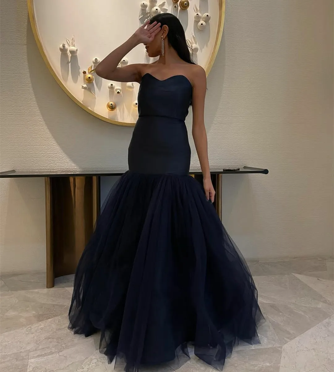 

Navy Blue Satin Trumpet Evening Dresses for Wedding Long فساتين مناسبة رسمية Pleated Sweetheart Celebrity Dress for Women