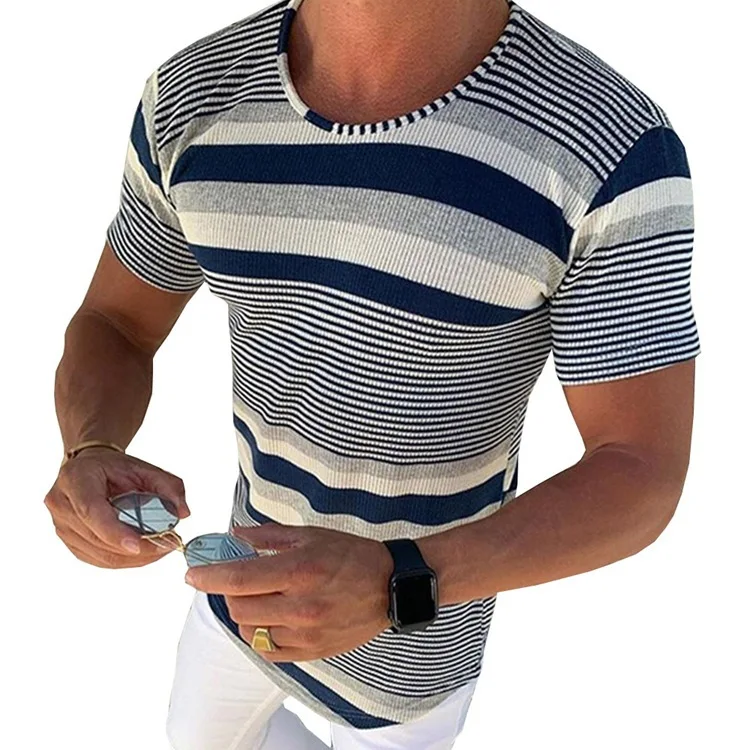 Men's Fit Short Sleeve Striped Knit Slim Fit Round Neck Wool T-shirt Top
