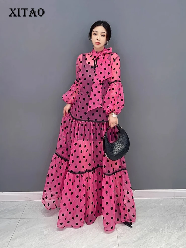 

XITAO Fashion Wave Point Yarn Dress Temperament Bandage Wrist Sleeve Lantern Sleeve Sunscreen Dress Summer New Women HQQ0132