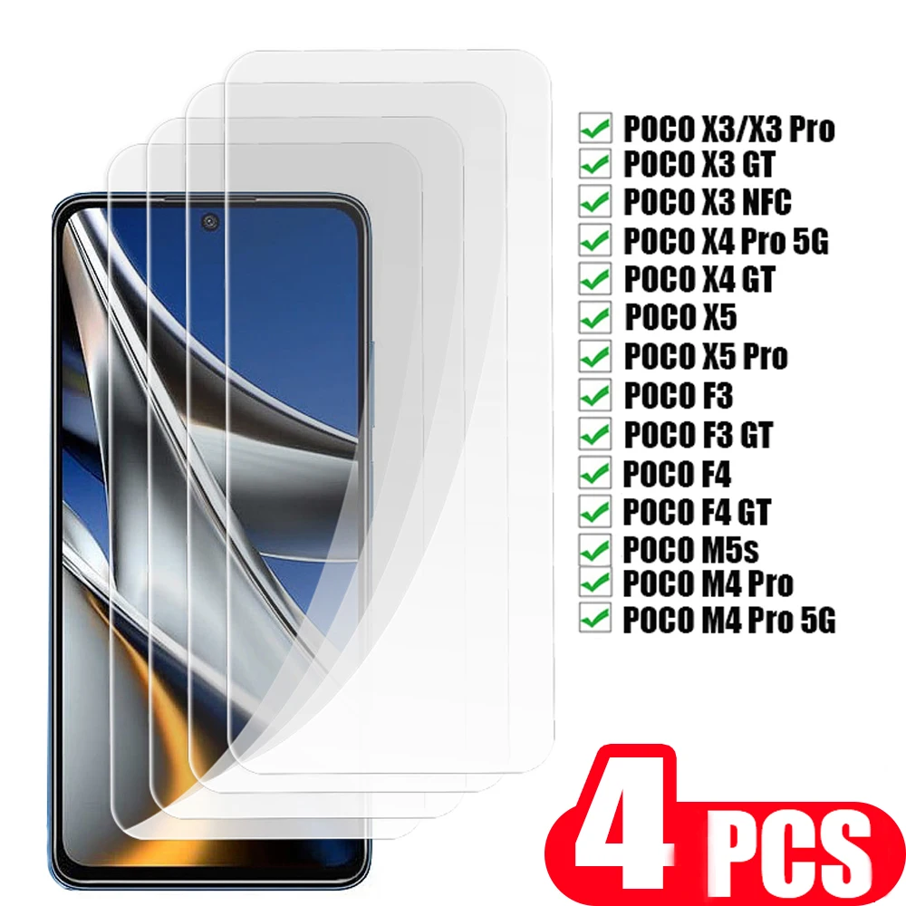 

4Pcs For xiaomi Poco M4 pro M5 M5s Glass Poco X3 NFC X4 X5 Pro 5G F3 F4 GT Tempered glass phone screen protector protective film