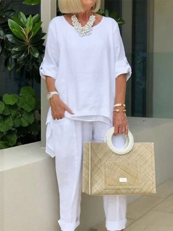 

Women Casual Solid Outfit 2023 Summer Fashion Half Sleeve O-Neck Loose Suit Female Vintage Pocket Top Long Pants Two Pieces Set