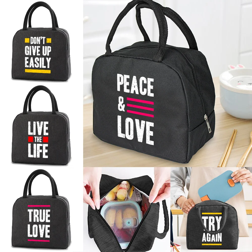 

Portable Lunch Bag for Women Insulated Canvas Cooler Tote Thermal Food Children Picnic Bags Lunch Bags for Work Phrase Pattern