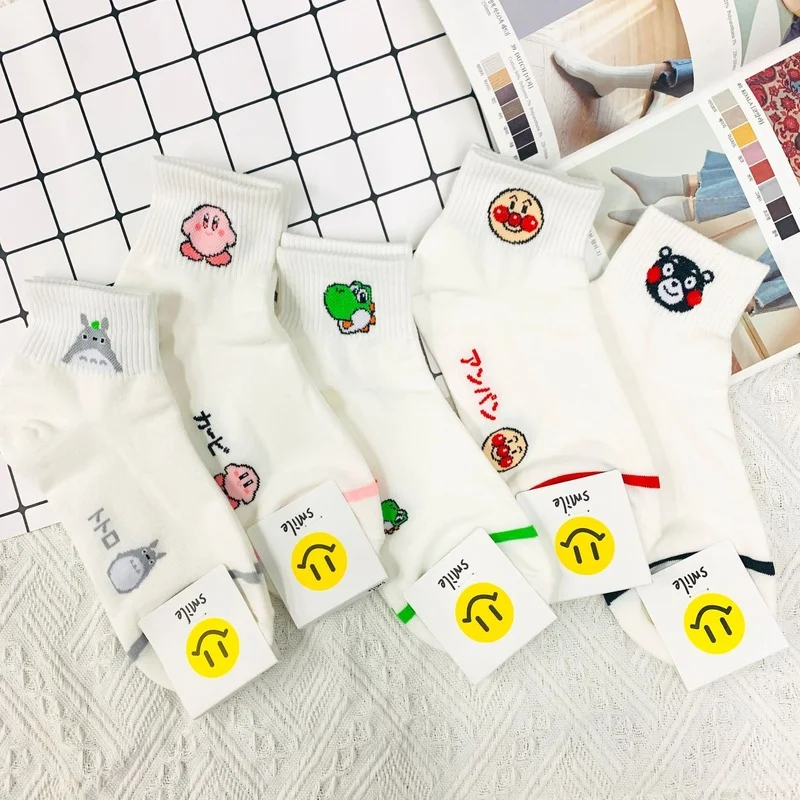 

Носки женские с мультяшным рисунком, хлопковые однотонные повседневные короткие носки с принтом для пар, на весну и лето