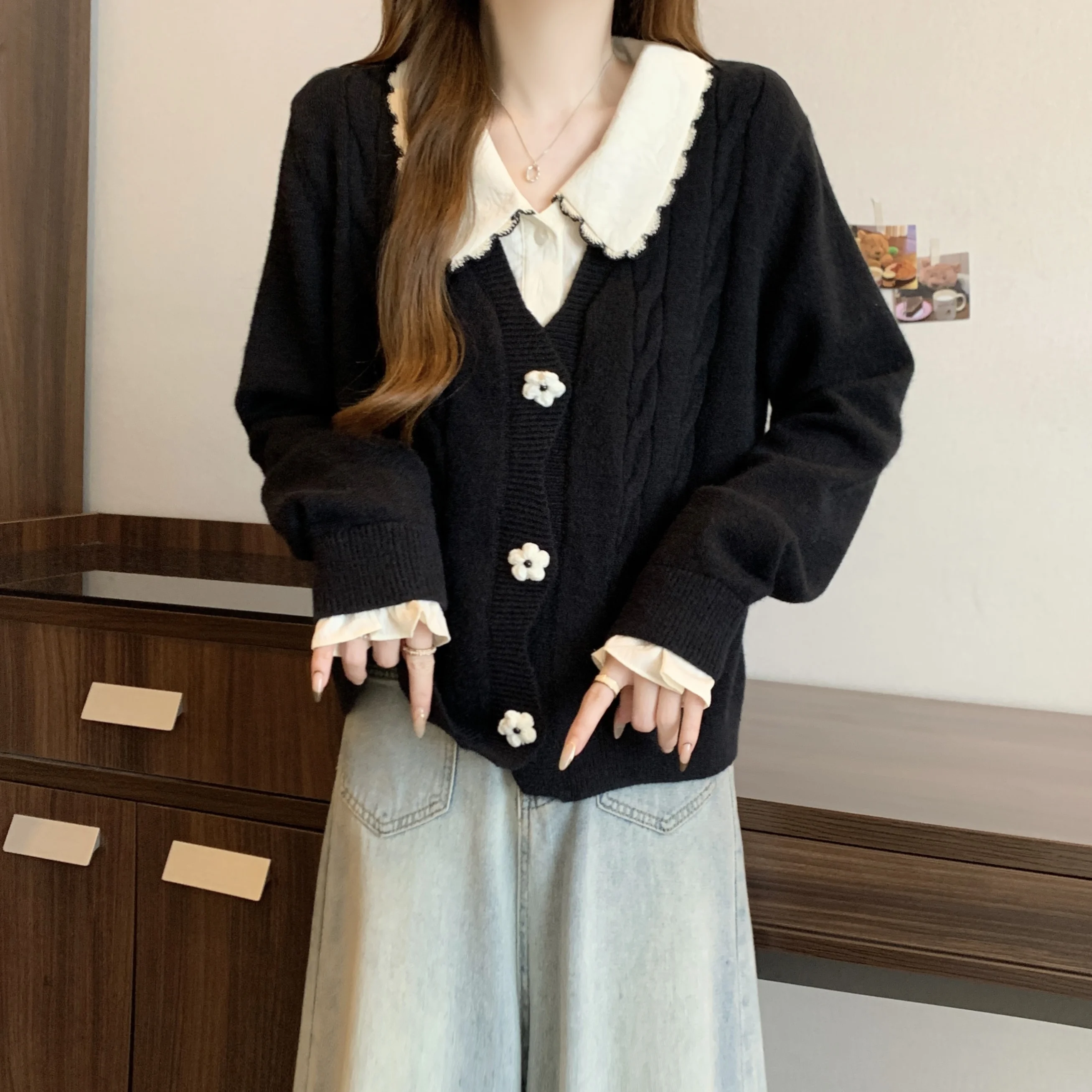 Вязаный кардиган больших размеров из двух частей с длинными рукавами верхняя