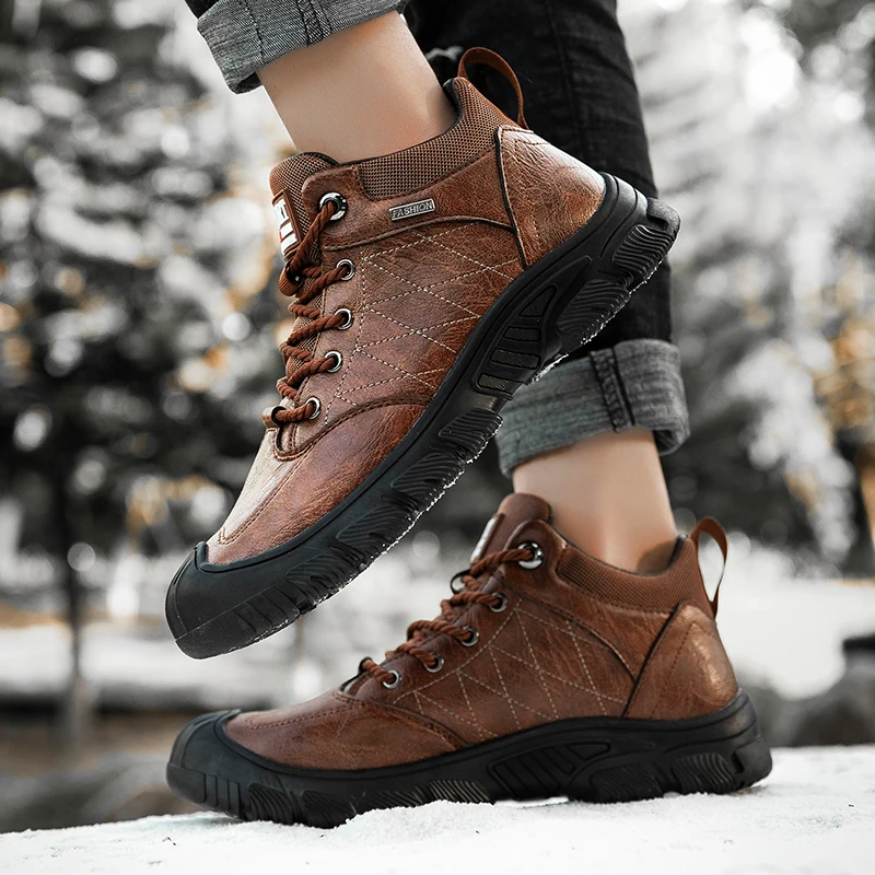 HIKEUP Men‘s Walking Shoes Padded Bag Head Men Shoes Business Work Casual Shoe Hiking Sport Genuine Leather Warm Non-Slip