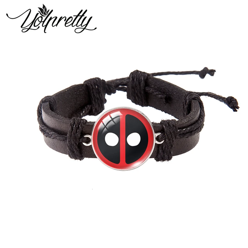 Disney Killer Deadpool Lace-up Leather Bracelet Glass Cabochon Charm Pendants Jewelry for men | Bracelets