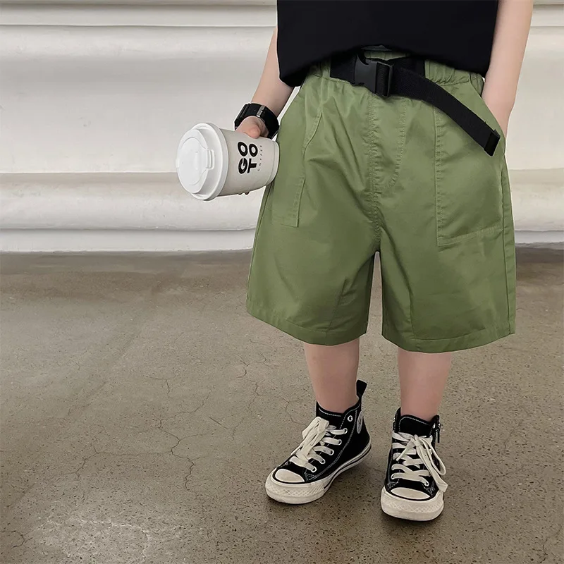 

Kids shorts 2023 Summer Boys solid color Middle pants Girls 3 colors belt cargo knee length pants
