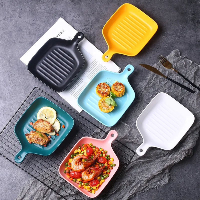 

Nordic Tableware 9 inch Home Plates Creative Ceramic Plate Solid Baking Tray with Handle Irregular Dessert Plate for Oven