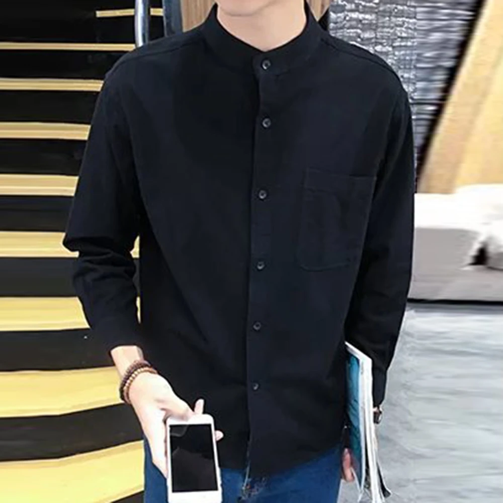 

Men's Long Sleeve Solid Color Casual Shirt Front Patch Chest Pocket Regular-fit Button-down Collar Work Shirts Linen Blouse Tops