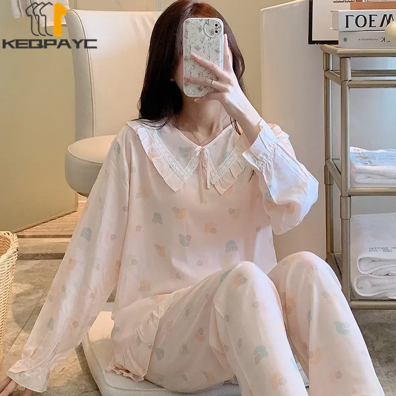 Women's Pajamas New 2023 Spring Autumn Long Sleeve Thin Sleepwear Pyjamas Women Sweet Cartoon Casual Nightwear Clothing Sets