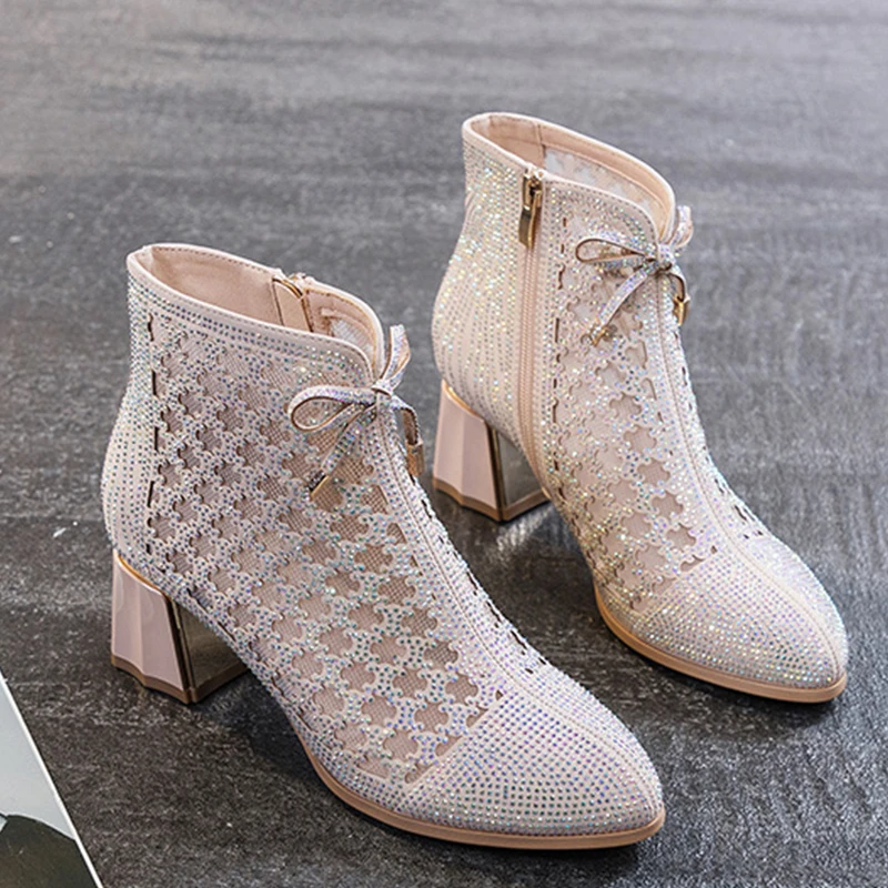 

Mesh Lace High Heels Women Sandals Chunky Pumps 2022 New Trends Summer Bling Luxury Cool Boots Sandals Pointed Toe Women Shoes