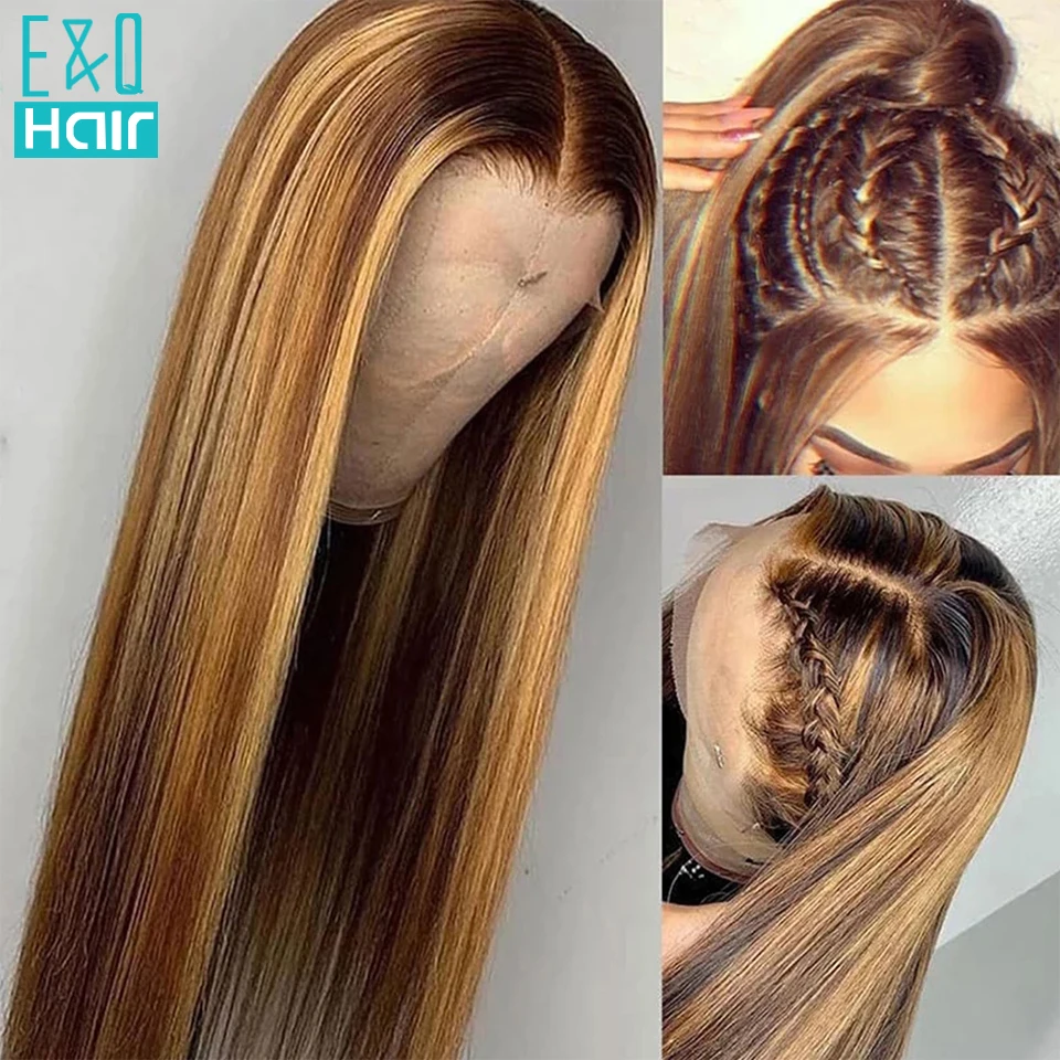 

13x4 HD Transparent Straight Lace Frontal Human Hair Wigs Ombre Highlight Brown Colored Peruvian T Part Lace Wig Bleach Knots