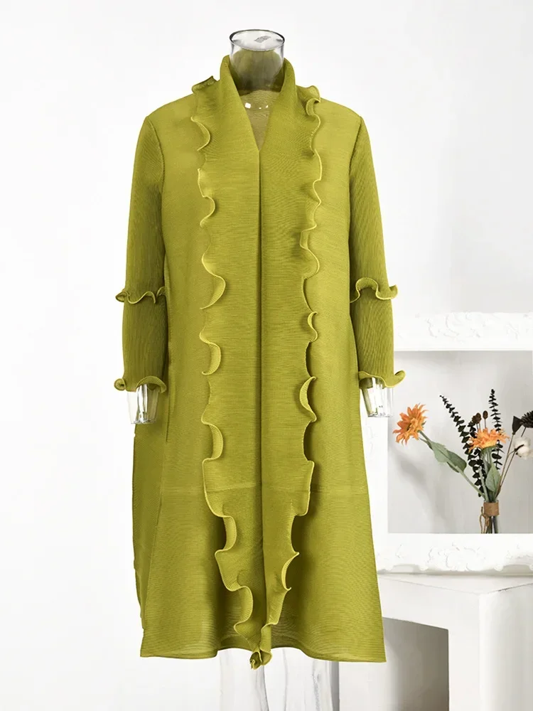 

Miyake Original Fashion Ruffles Pleated Dress for Women Solid Color V-neck Long Sleeves Loose Dresses Clothing 2023 Autumn New
