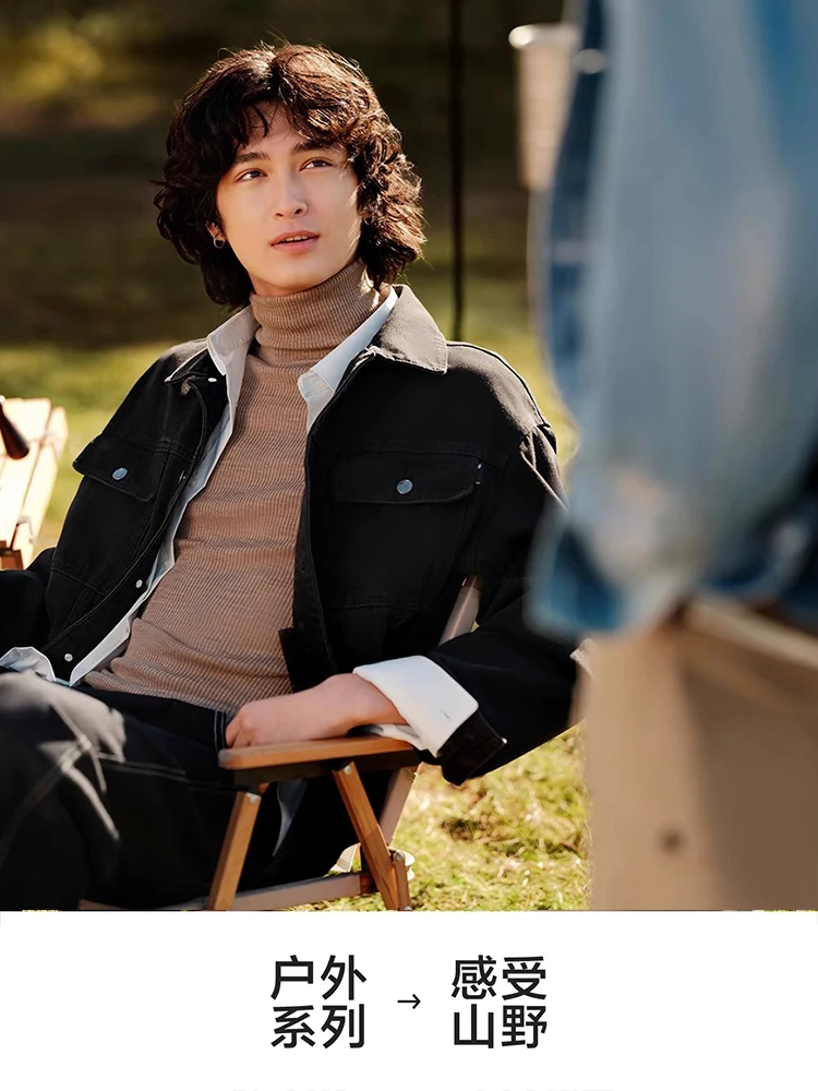 Senma Denim coat Men's 2024 Autumn New Retro Lapel Cargo Jacket Denim Clothing Fashion Brand Spring and