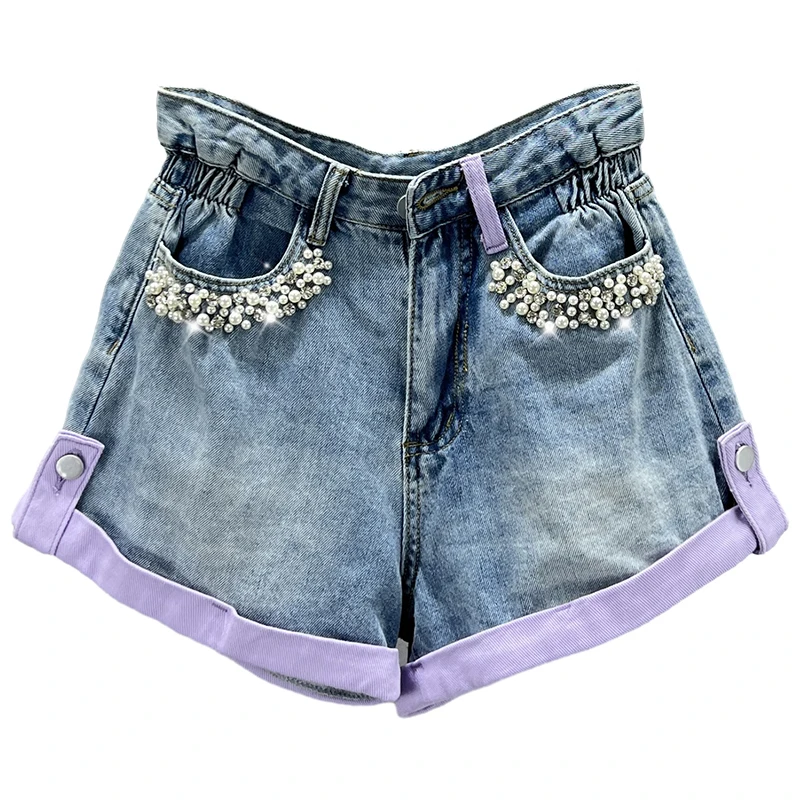 Chic Beaded Denim Shorts for Women 2023 New Summer High Waist Loose Slimming Diamond Color Block Flanging Wide-Leg Jeans Shorts
