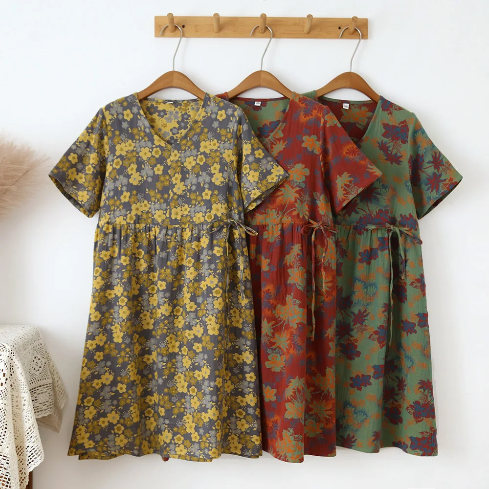 

One Piece Women Clothing Summer Short Sleeve 100% Cotton Floral Night Dress Women Nightgowns Lingerie Loose Sleepwear