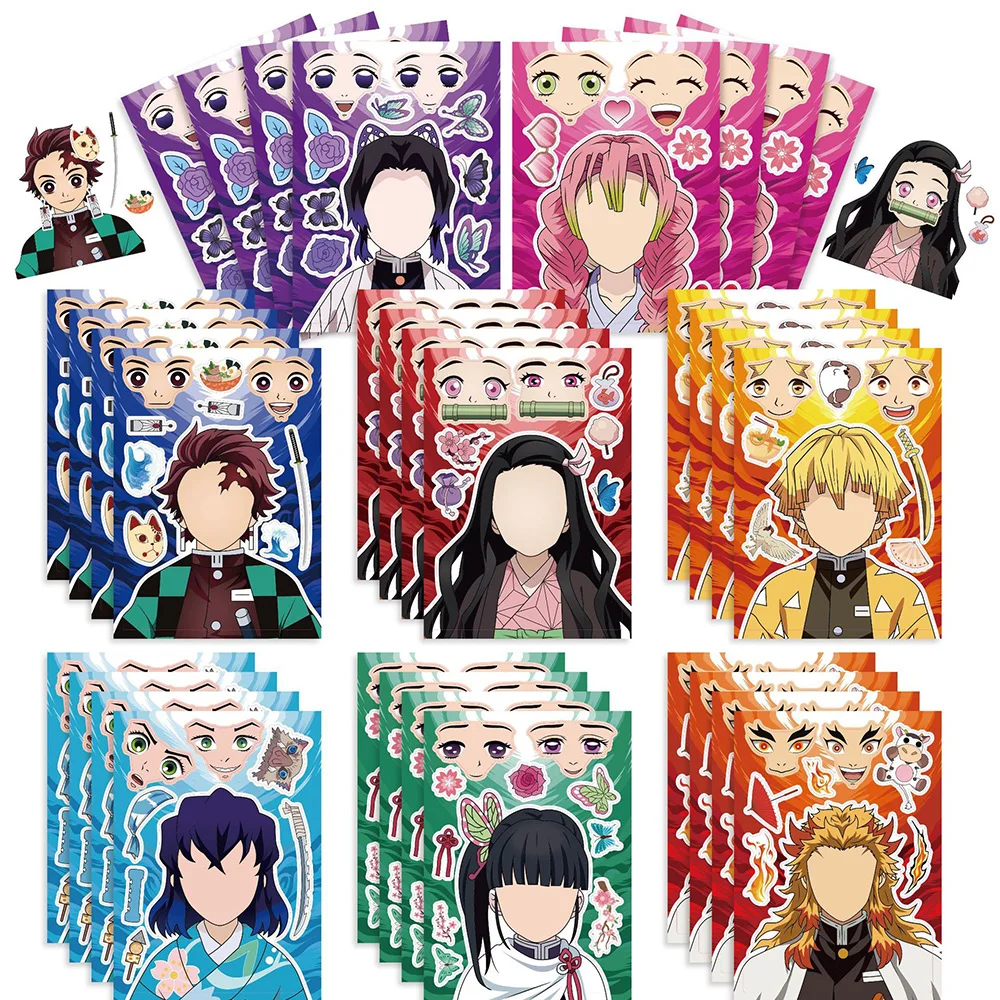

8/16Sheets Anime Demon Slayer Puzzle Stickers Funny Make a Face DIY Assemble Jigsaw Craft Sticker Kid Education Toy Party Gift