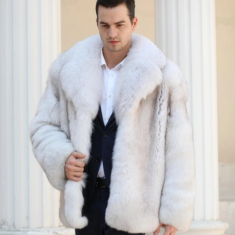 

Genuine Luxury Whole Leather Fox Fur Jacket Men Winter Thicken Lapel Long Sleeve Outertwear Natural Cozy Fox Fur Coat Male