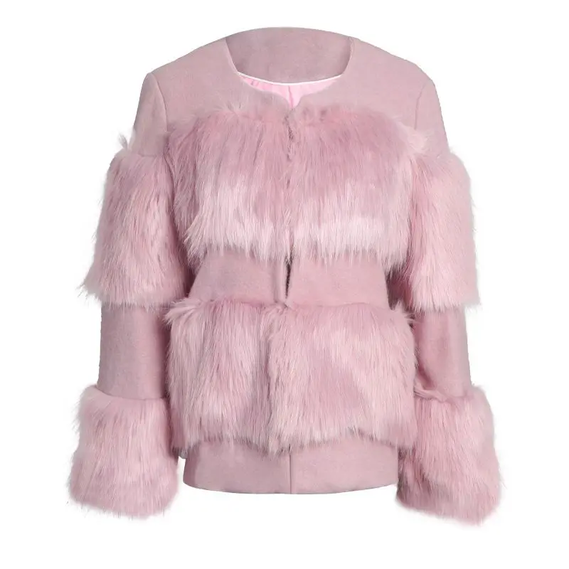 Clearance Runway Design Faux Fur Coat Winter Round Neck Pink Fur Pachwork Womens Jacket Coat Overcoat