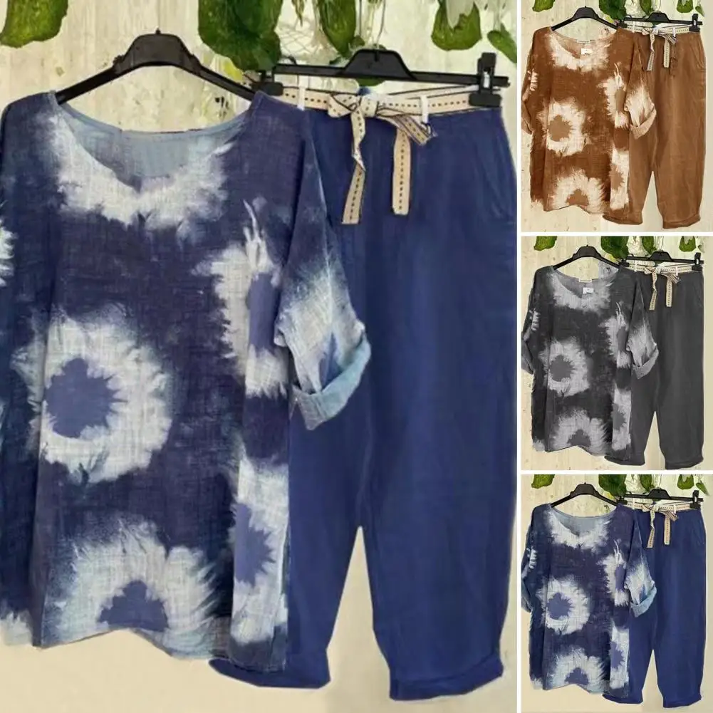 

Half Sleeves Mid Waist Deep Crotch Breathable Summer Tops Pants Set Women Clothing