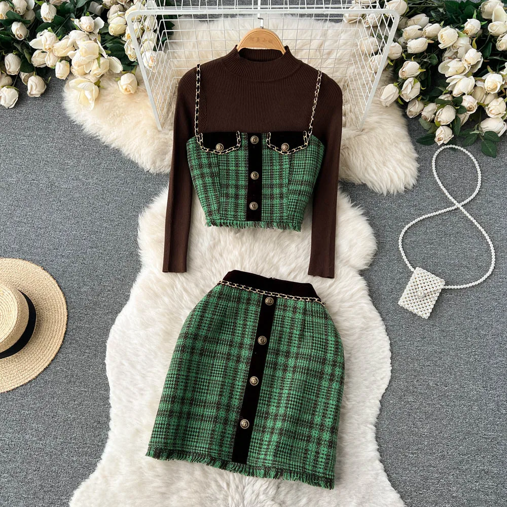 

Amolapha Women Winter Woolen Elegant 2-piece Sets Turtleneck Pullovers+Tweed Strap Tops+Mini Pack Hip Skirts Clothing Outfits