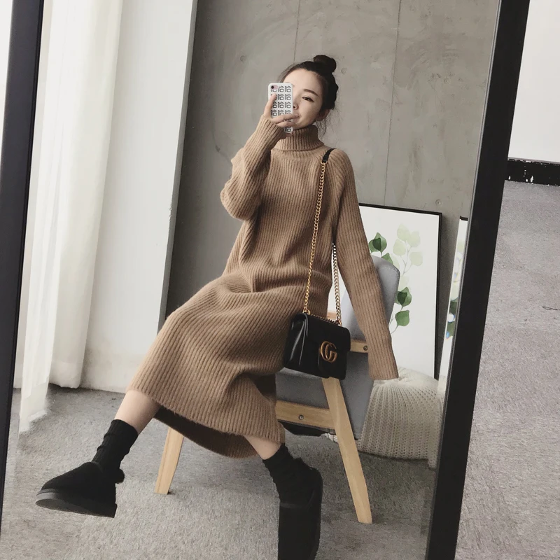 

Lazy Fashion Elegant Knitted Dress Autumn New Korean Style Thick Loose Turtleneck Sweater Dresses Women Hiver Femme Knitwear