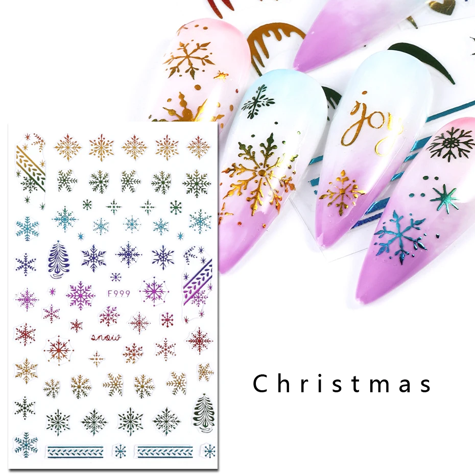 

10PCS Christmas Nail Art Stickers Colorful Snowflake Nail Decoration Decal Deer Sock Nail Slider 3D Self-adhesive Nail Polish