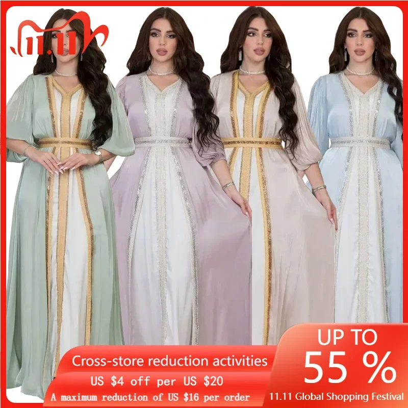

Moroccan Caftan Luxury 2023 Silk Satin Elegant Lantern Sleeve 3pcs Dress Diamonds Abaya Muslim Sets Ramadan Dresses For Women