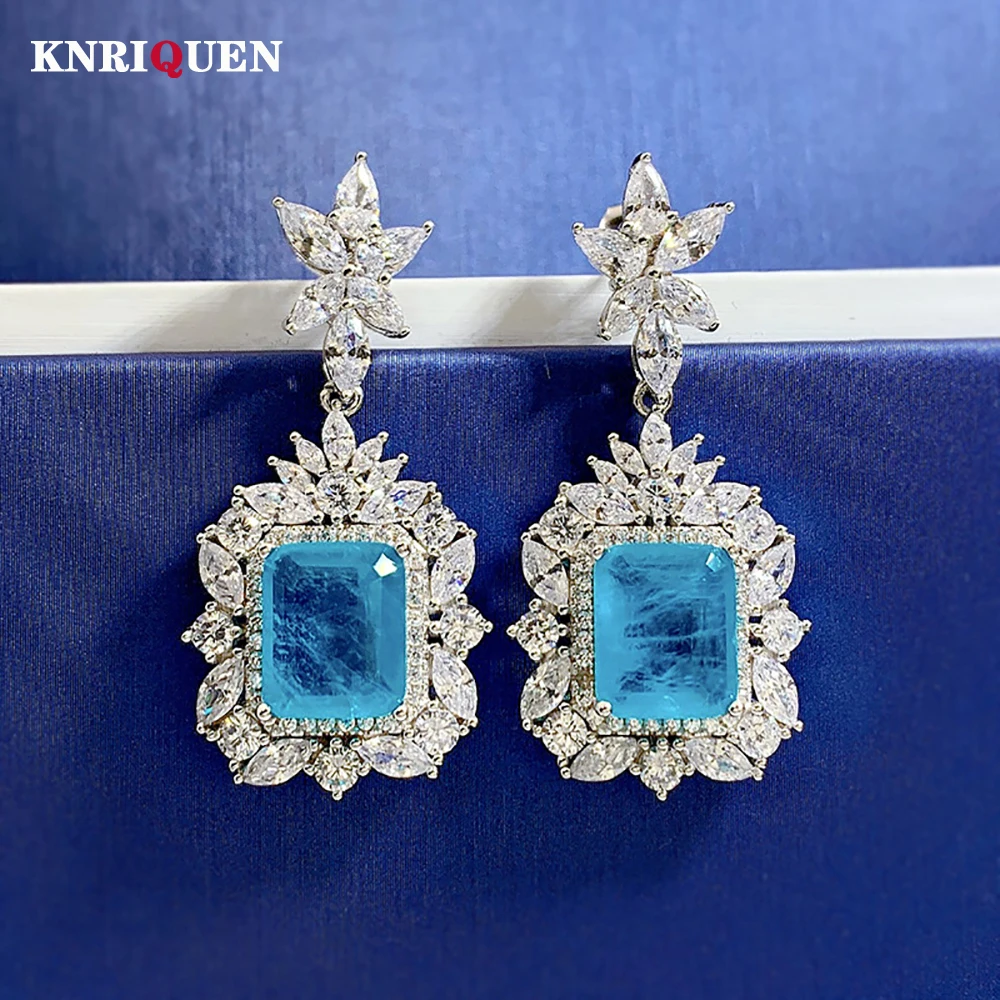 

New 100% 925 Sterling Silver 9*11mm Paraiba Tourmaline Lab Diamond Drop Earrings for Women Luxury Wedding Party Fine Jewel Gift