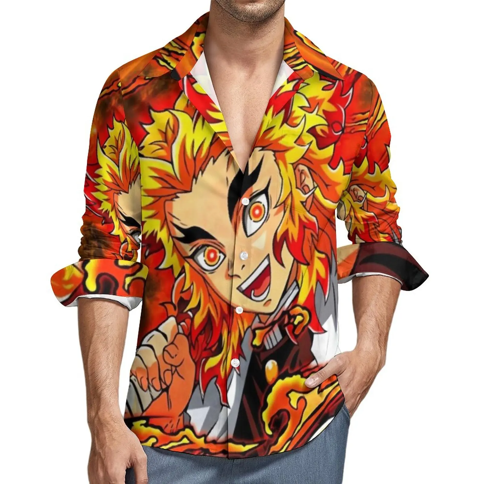 

Demon Slayer Street Casual Shirt Mens The Flame Hashira Shirt Spring Loose Blouses Long Sleeve Graphic Oversized Clothing