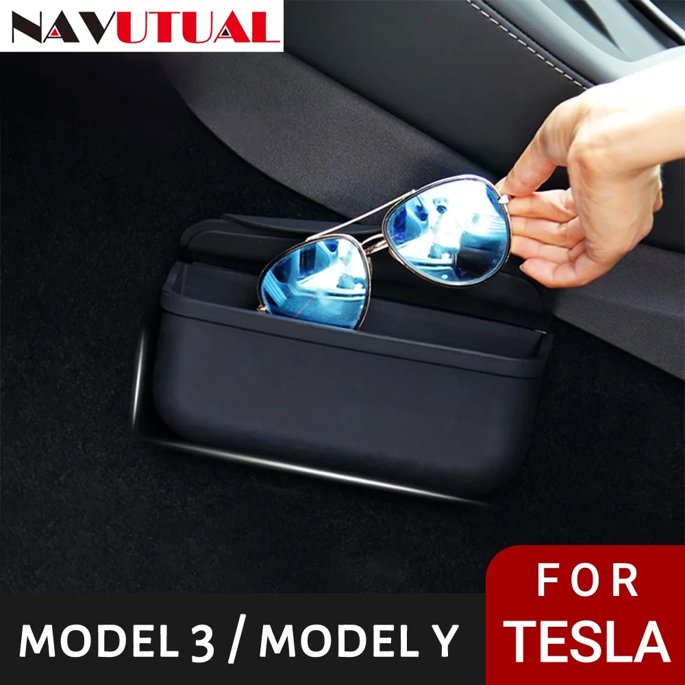 

Sticky TPE Glasses Case Storage Box For Tesla Model 3 Model Y Sunglasses Box Interior Bill Card Storage Box Sunshade