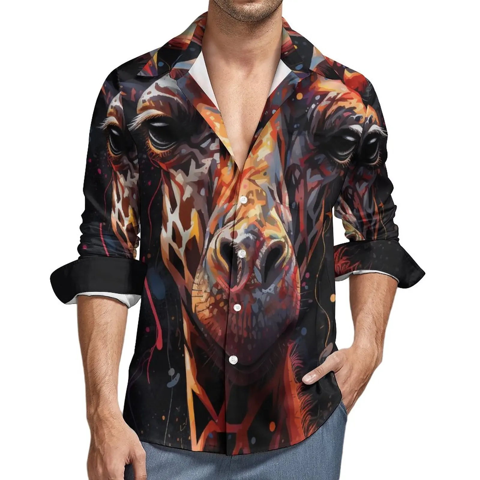 

Giraffe Funny Casual Shirt Men Grotesque Fantastic Shirt Autumn Cool Blouses Long Sleeve Graphic Oversize Clothing