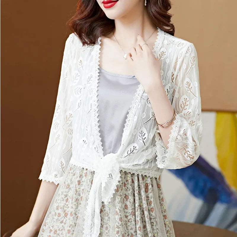 

#5349 Summer Kimono Jacket Women Black White Thin Suncreen Lace Coat Femme Vintage Short Cardigan Perspective Jacket Sexy V-neck