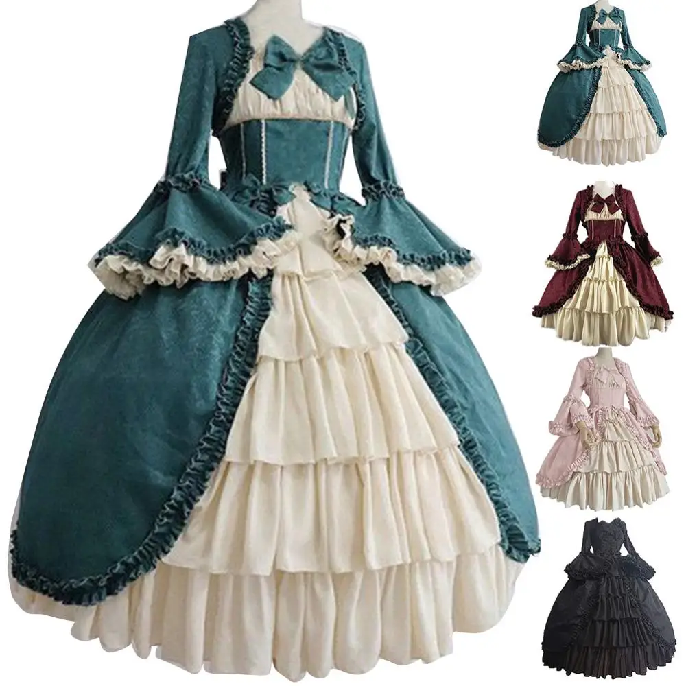 

Cosplay Lady Retro Square Neck Tight Waist Bowknot Medieval Dress Party Costume