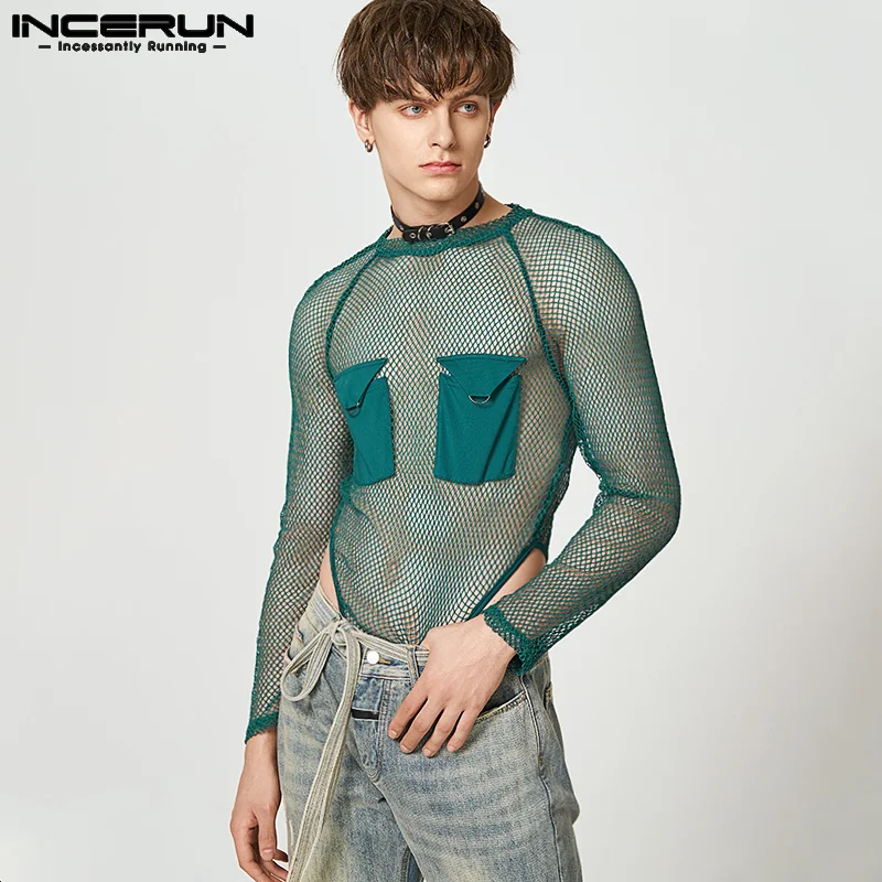 

2023 Men Bodysuits Mesh Patchwork Transparent O-neck Long Sleeve Fashion Male Rompers Streetwear Pockets Sexy Bodysuit INCERUN