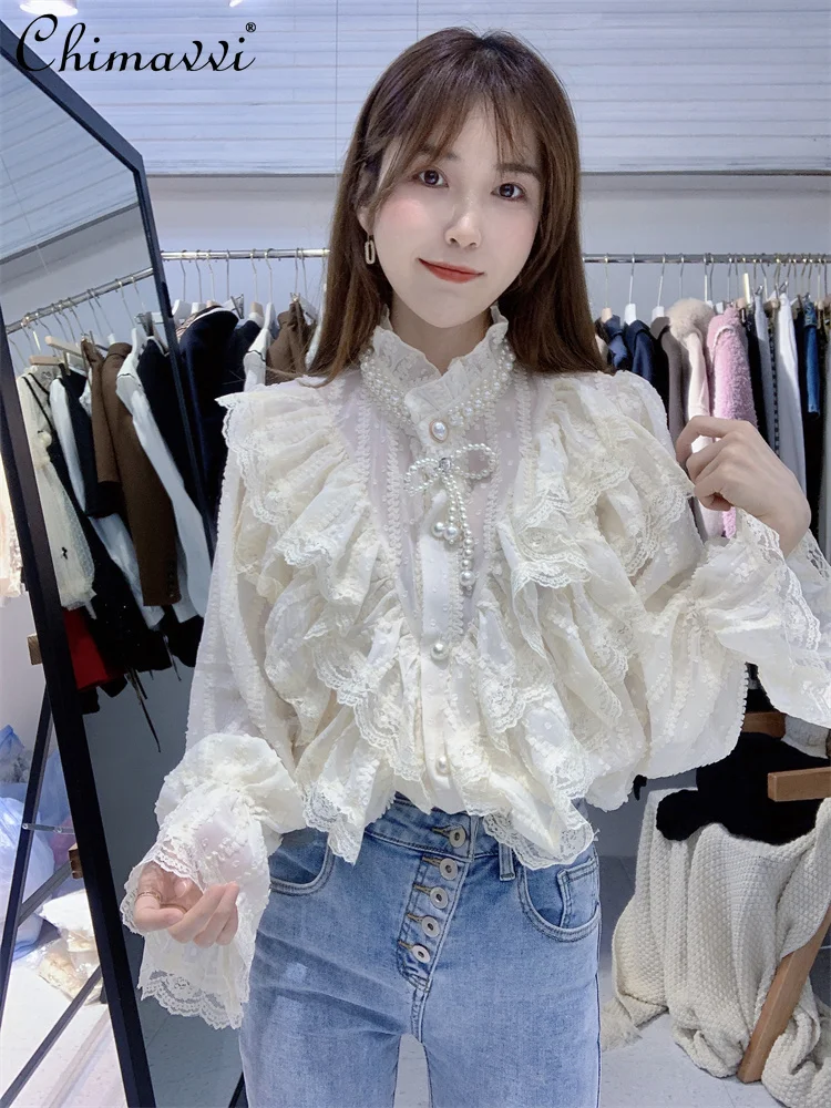 

2022 Spring Clothes Fashion Pearl Single-Breasted Ruffled Chiffon Shirt Heavy Beads Fairy Bell Sleeve Lace Blouse for Women