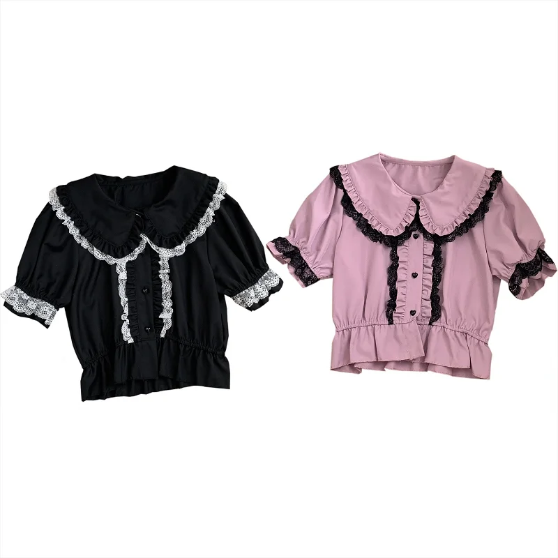 

Japanese Sweet Black Lolita Shirts Woman Summer Cute Short Puff Sleeve Tops Kawaii Ruffles Lace Bow Blouses Chiffon Blusa Mujer