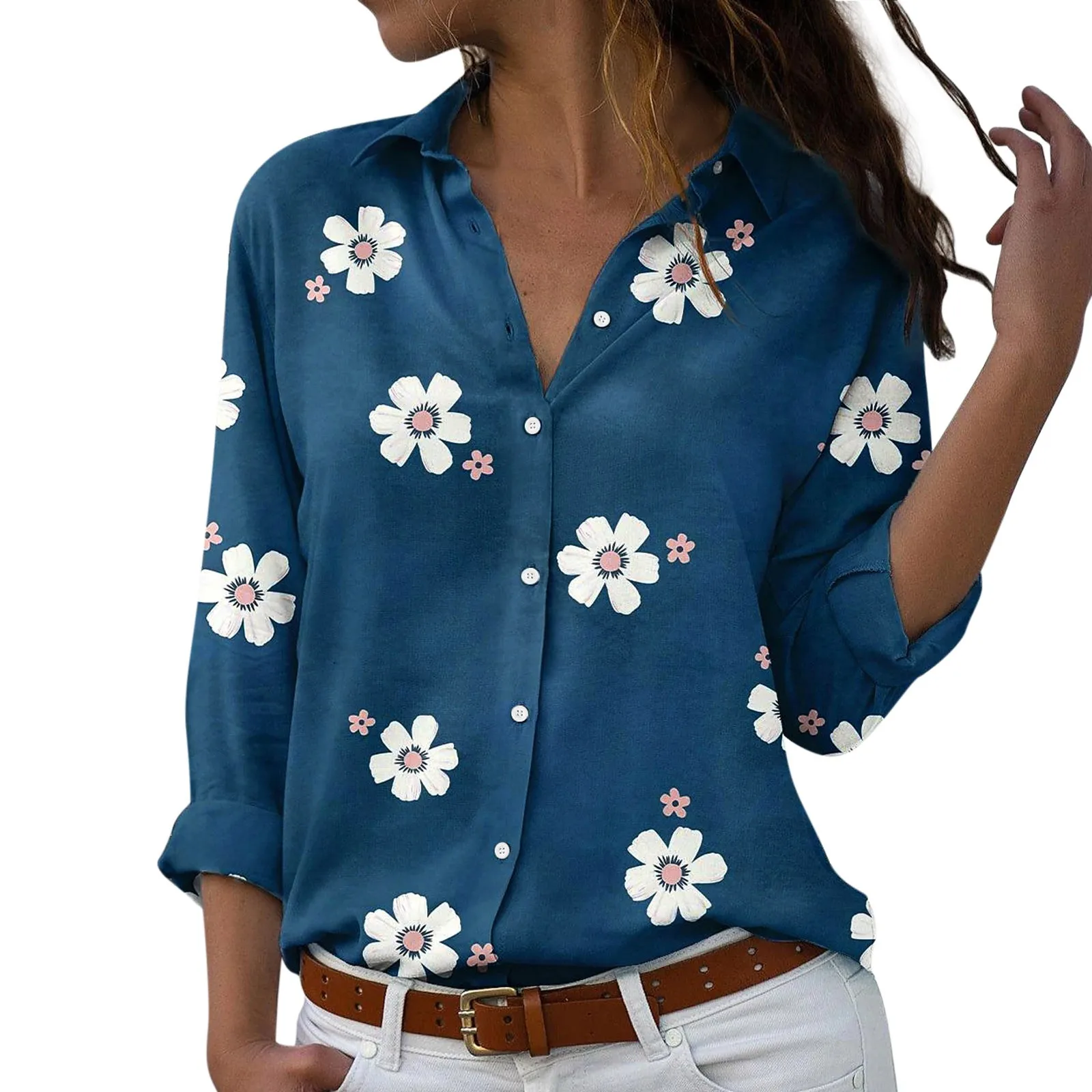 

Spring Women Long Sleeve Floral Shirt Blouse Leisure Breathable Down-collared Button Tops Female Ladies Chiffon Blouse Cloth