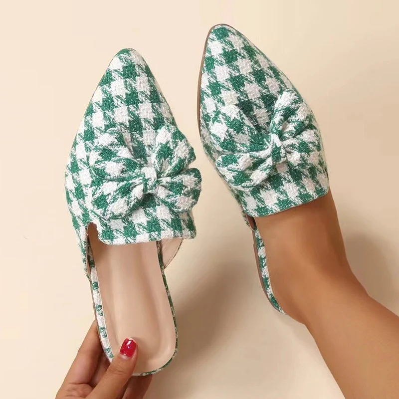 

Шлепанцы Liyke в клетку с бантом-бабочкой и острым носком, женские шлепанцы, римские сандалии-гладиаторы, повседневная обувь, Размеры 35-42