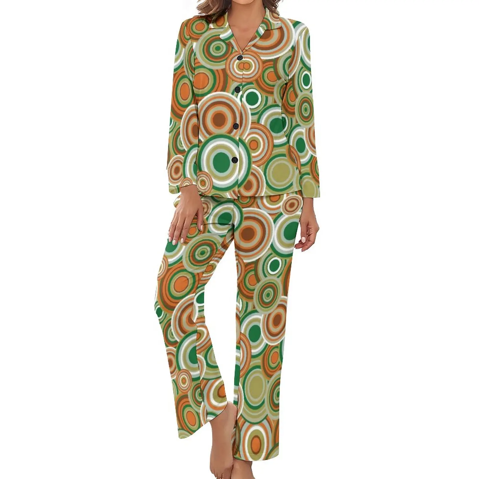 

Retro 70s Circles Pajamas Long Sleeve Psychedelic Pattern 2 Piece Home Pajama Sets Female V Neck Fashion Nightwear