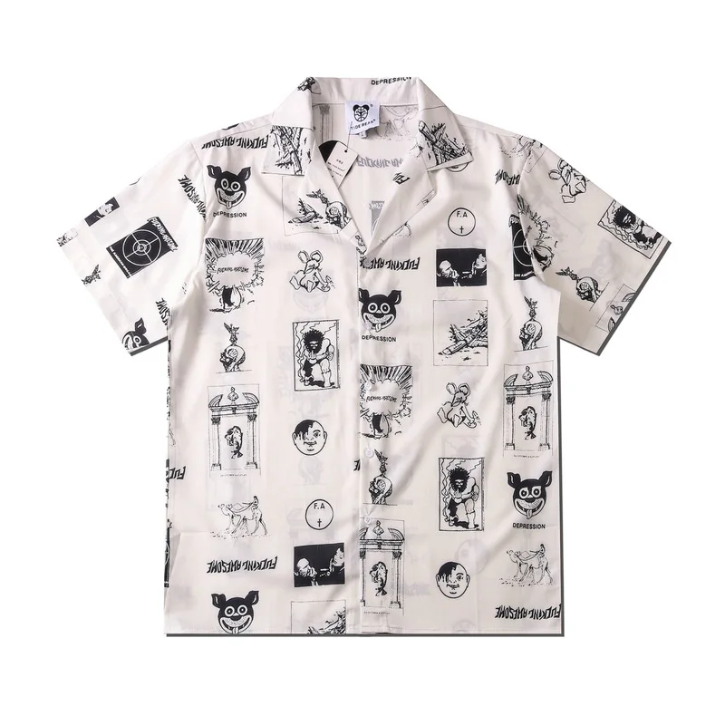 

2023 Summer New Men Hip-Hop Cartoon Print Shirt Lovers Fashion Short Sleeve Cool Thin Loose Hawaiian Beach Harajuku Lapel Shirts