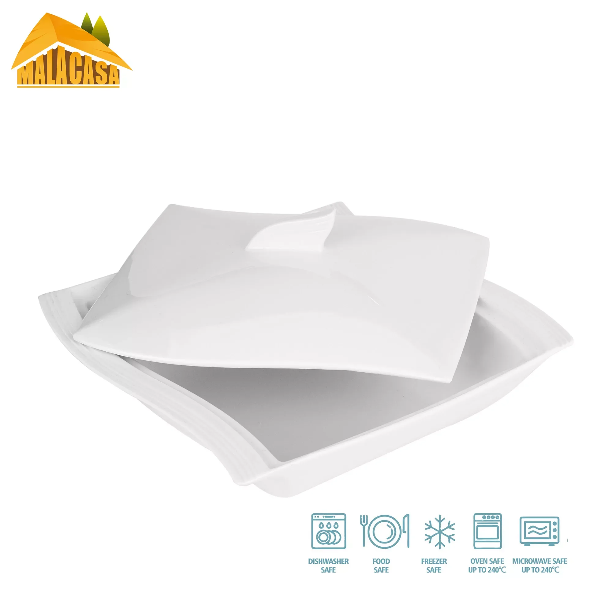 Однотонная белая фарфоровая суповая кастрюля MALACASA с крышкой л Квадратная