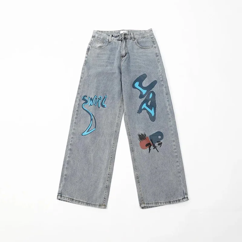 Graffiti Printed Jeans Men Harajuku Wide Leg Trousers New Fashion High Street Hip Hop Style High Waist Loose Casual Couple Jeans