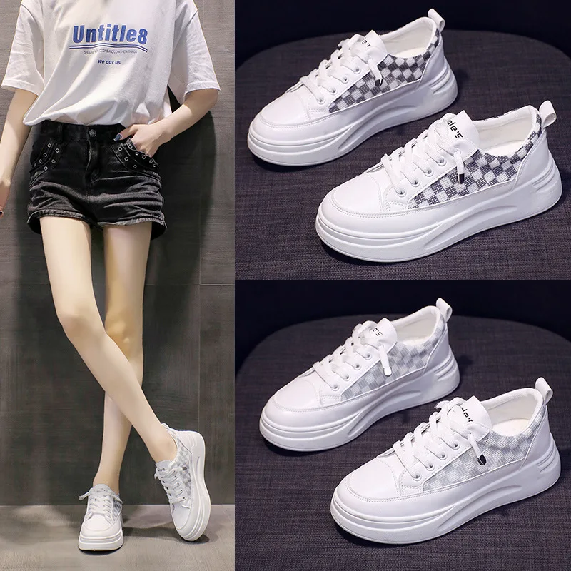 

White Shoes for Women Spring/Summer 2022 New Korean Style Ins Style Chessboard Plaid Canvas Shoes Fresh Student Fashion Board Sh