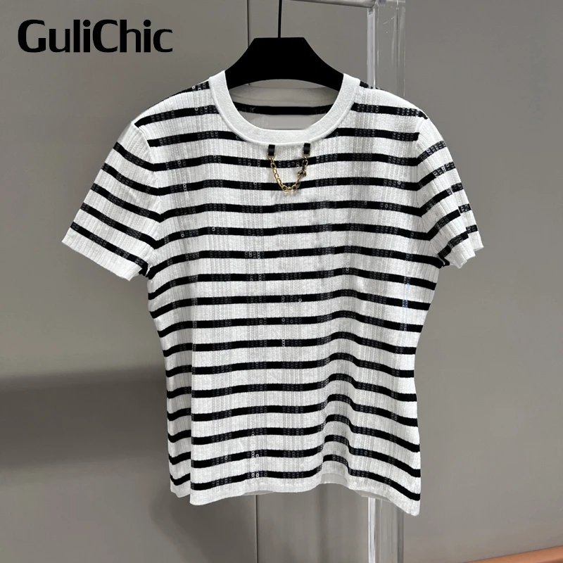 

12.29 GuliChic Women Striped Round Neck T-Shirt Sequins Embroidery Chain Decoration Short Sleeve Wool Knitted Tee