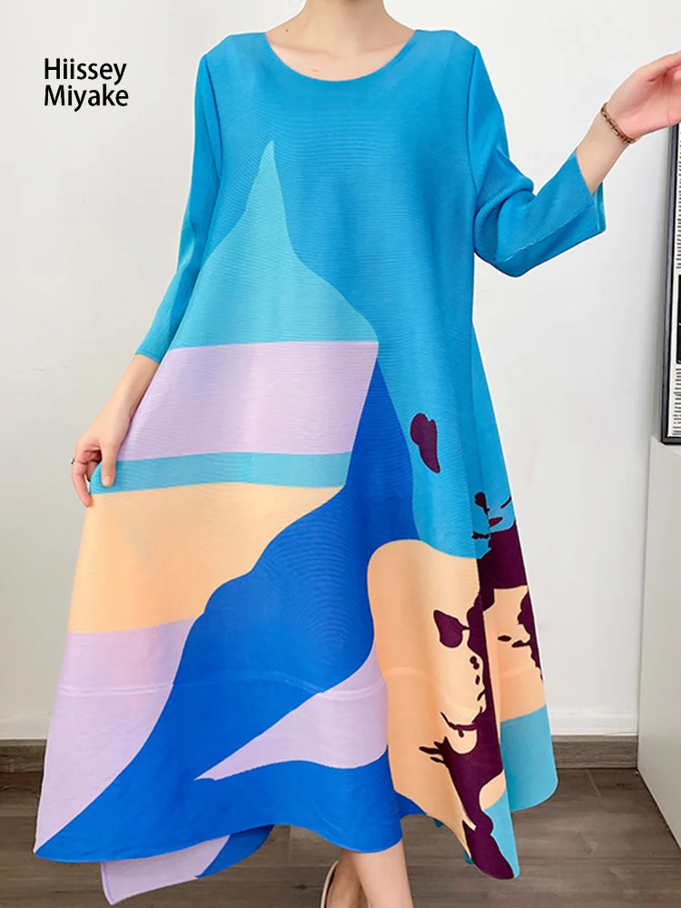 

Модный дизайн HiIssey Miyake, летние взрослые атмосферные женские модели, плиссированные платья с круглым вырезом и принтом