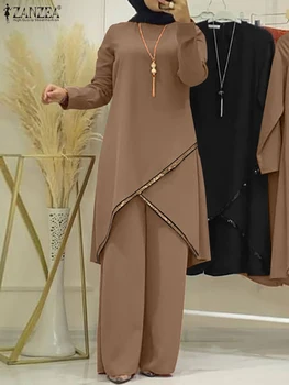 ZANZEA Fashion Muslim Women Long Sleeve Blouse Abaya Suits Sequins Islamic Clothing Loose Matching Sets 2PCS Urban Tracksuit 2