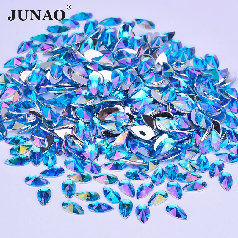 

JUNAO 9*18mm 8*13mm Aquanarine AB Teardrop Rhinestones Appliques Flatback Acrylic Crystal Strass Non Hotfix Stone for Crafts