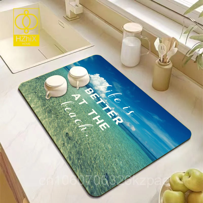 

Fashion Sandy Beach Waves Draining Pad Kitchen Countertop Diatom Absorbent Mat Kitchen Coaster Dishwasher No Wash Dry Placemat