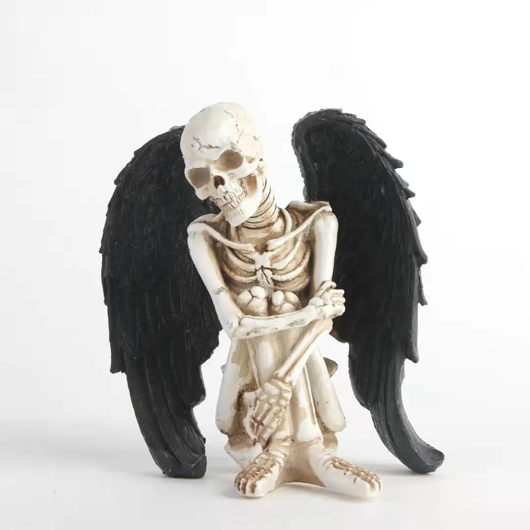 

Resin Skeletons Statue Skull Collectible Figurine With Black Angle Wings Resin Figures Decoration for Home Shelves Porch Yard